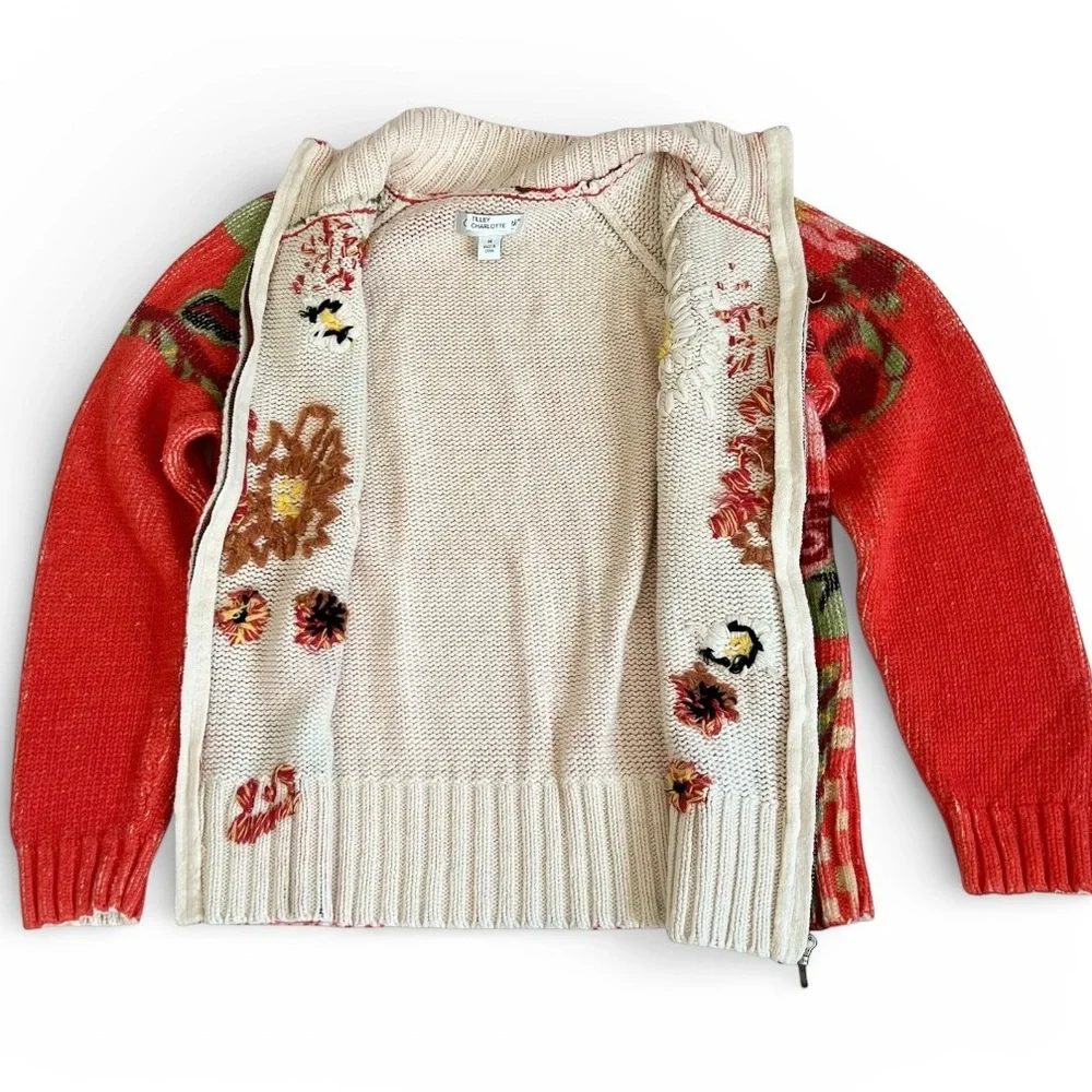 Coldwater Creek Full Zip Vibrant Orange Floral Knit Women’s Sweater - M - Picture 4 of 10